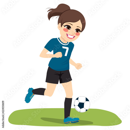 Young ponytail brunette happy face expression soccer running playing football with black and blue uniform