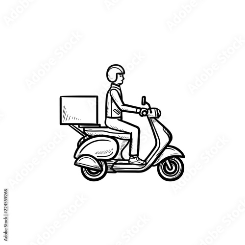 Employee riding delivery bike hand drawn outline doodle icon. Motorbike and business, courier, scooter concept. Vector sketch illustration for print, web, mobile and infographics on white background.
