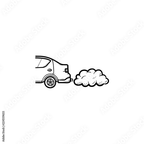 Car emitting exhaust fumes hand drawn outline doodle icon. Ecology and environment pollution ,traffic concept. Vector sketch illustration for print, web, mobile and infographics on white background.