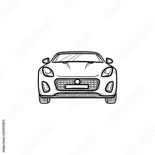 Car front view hand drawn outline doodle icon. Automobile and speed vehicle, drive and travel, road concept. Vector sketch illustration for print, web, mobile and infographics on white background.