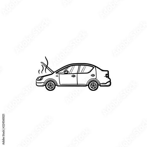 Broken car with open hood and steam hand drawn outline doodle icon. Heat trouble and engine, accident concept. Vector sketch illustration for print, web, mobile and infographics on white background.