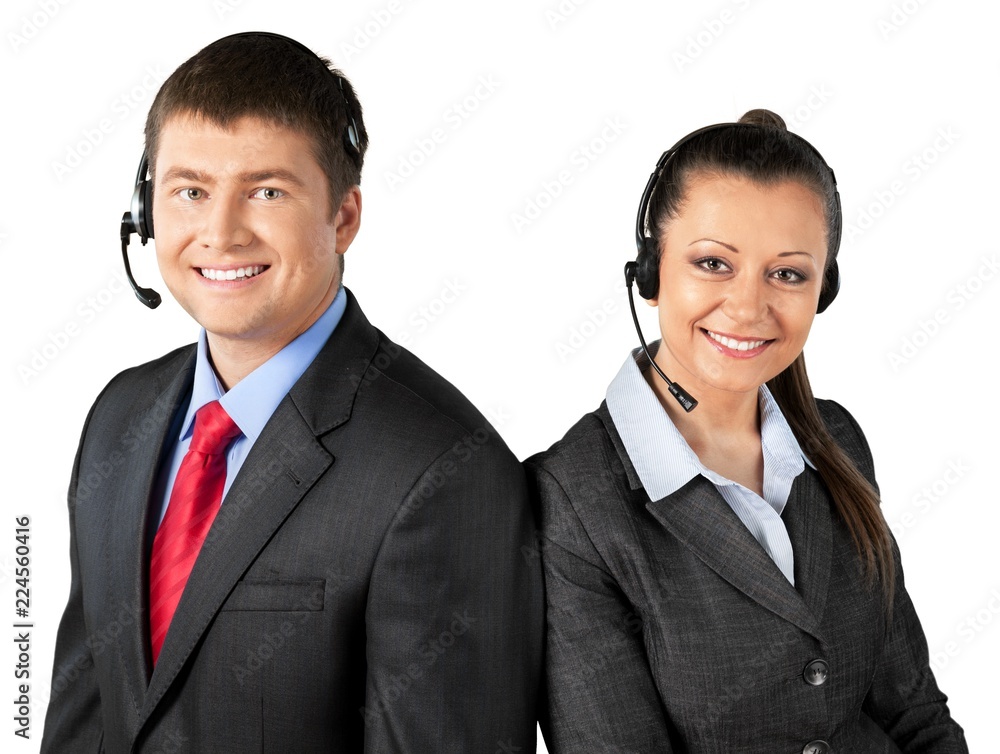 Portrait of a Female and Male Phone Operator in Headset Portrait of a Female and Male Phone Operator in Headset