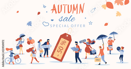 Autumn sale. Promotion poster with people doing shopping.