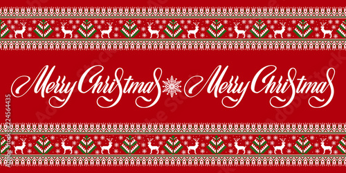 Vector illustration of Ukrainian folk seamless pattern ornament with winter symbols and Merry Christmas text. Ethnic border element. Traditional Ukrainian knitted embroidery pattern - Vyshyvanka