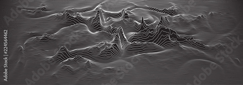 Vector 3d echo audio wavefrom spectrum. Music waves oscillation graph futuristic visualization. Black and white line impulse pattern. Or Abstract relief map. Landscape elevation concept.