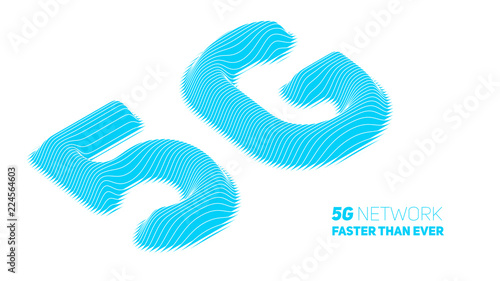 Vector abstract 5G new wireless internet connection background. Global network high speed network. Abstract blue 5G symbol with volumetric embossed curly lines on a white background.