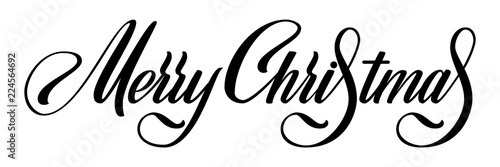 Merry Christmas vector calligraphic lettering. Black on white greetings design for card template. Creative handwritten typography for holiday greeting cards, posters, banners etc.