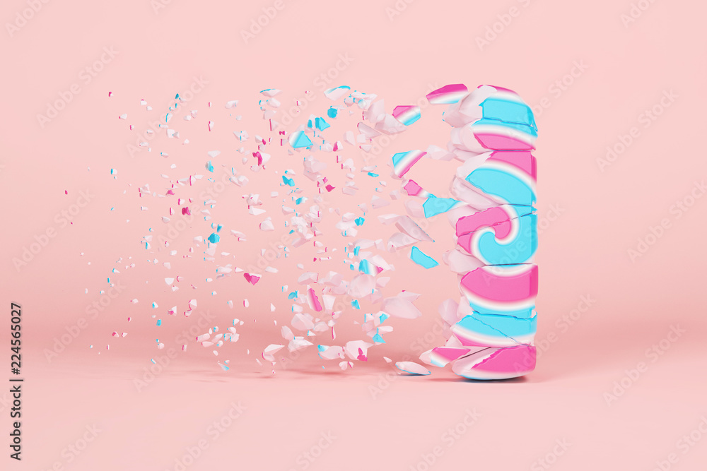 Broken shattered alphabet letter I uppercase. Crushed christmas font made of pink and blue striped lollipop. 3D render.