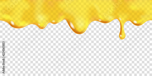 Seamless dripping oil. Yellow transparent drop of sweet honey. Vector design of syrup drips. Realistic background horizontal border