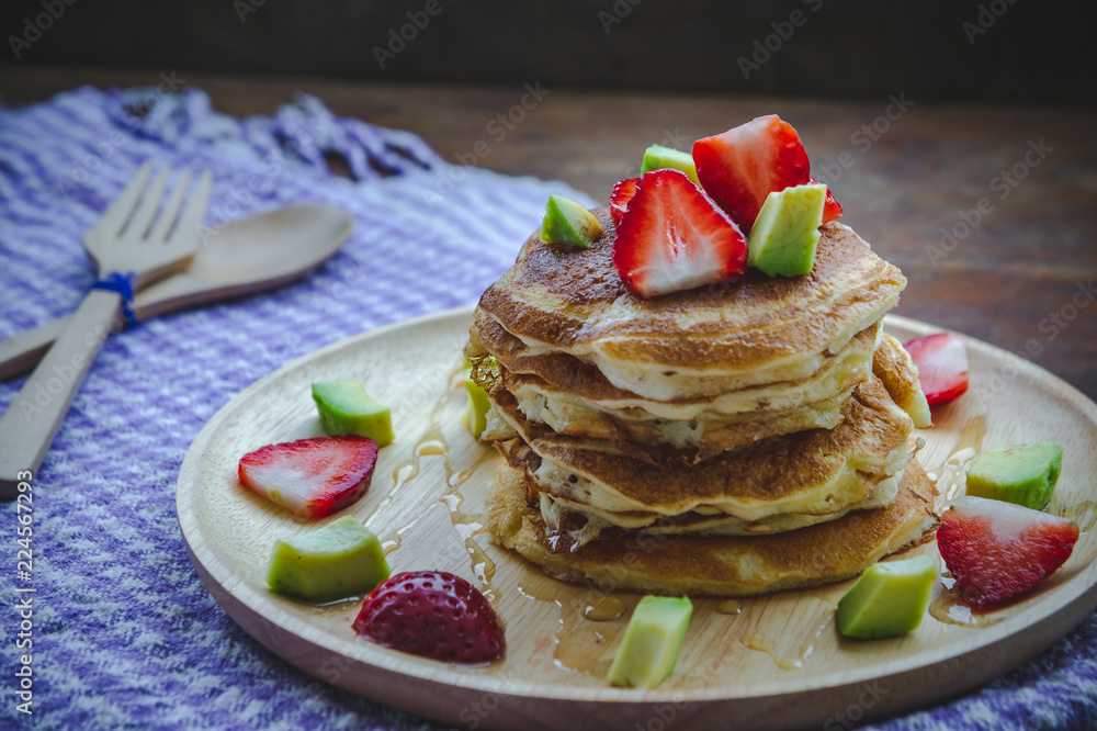 pancake strawberry avocado fruit and honey syrup sweet dessert on wood table pan cake dessert homemade pancake strawberry avocado fruit and honey syrup sweet dessert on wood table pan cake dessert homemade