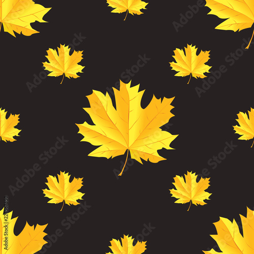 Seamless pattern with autumn maple leaves. Golden gradient leaves on dark background. Vector illustration