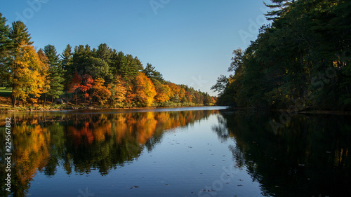 Beautiful scene of the autumn colorful trees reflected in the water of a river during fall season in Massachusetts