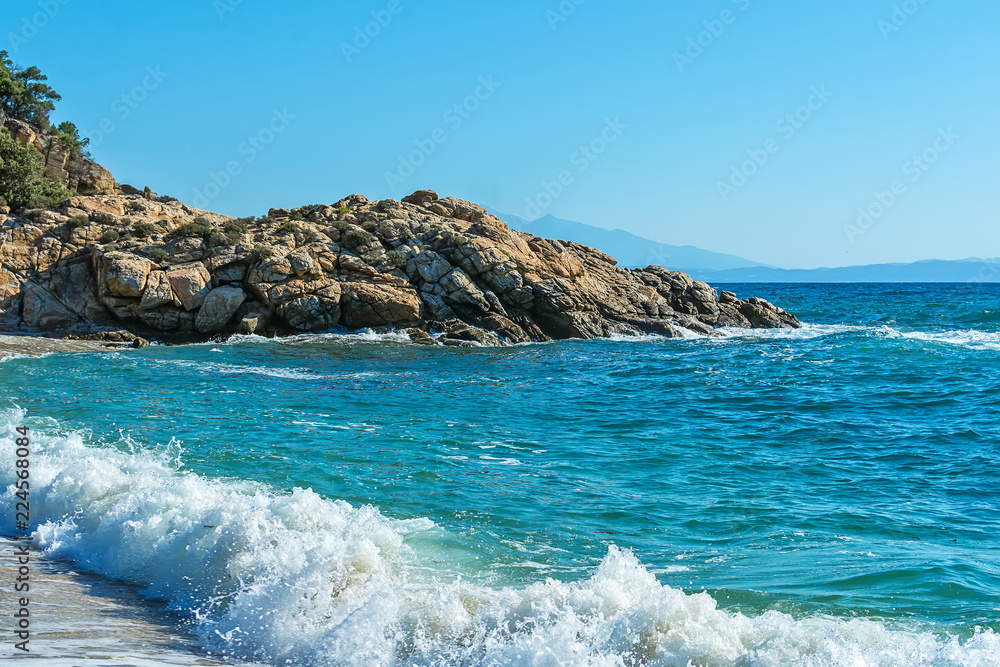 Naklejka premium Panoramic view of Aegean sea at Chalkidiki, Greece. Proti Ammoudia beach, one of the most beautiful beaches in the Aegean Sea.