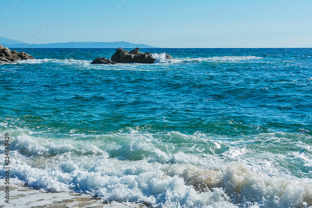 Naklejka premium Panoramic view of Aegean sea at Chalkidiki, Greece. Proti Ammoudia beach, one of the most beautiful beaches in the Aegean Sea.
