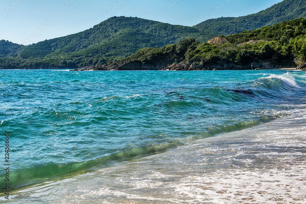 Fototapeta premium Panoramic view of Aegean sea at Chalkidiki, Greece. Proti Ammoudia beach, one of the most beautiful beaches in the Aegean Sea.