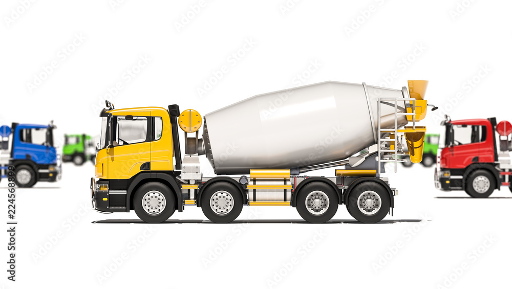 Concrete Mixers in Different Colors and Directions 3d rendering