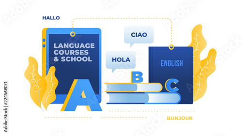 Image of topic of foreign language courses, schools studying foreign languages. Inscription is hello in different languages. Tablet computer and books. Concept of education. Vector image.