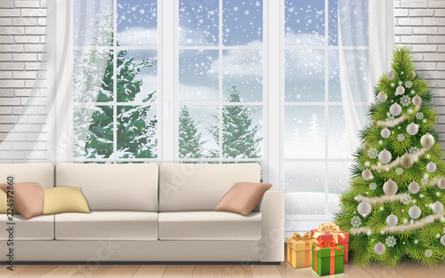 Christmas interior of living room. Sofa on white brick wall background. Decorated Christmas tree and gift boxes. Winter landscape outside the window.