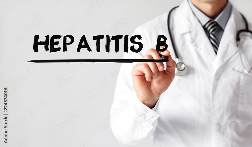 Doctor writing word Hepatitis b with marker, Medical concept - obrazy, fototapety, plakaty 