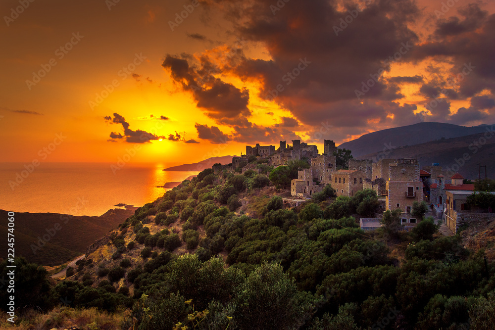 View of the picturesque medieval village of Vatheia with towers, Lakonia, Peloponnese, Greece.