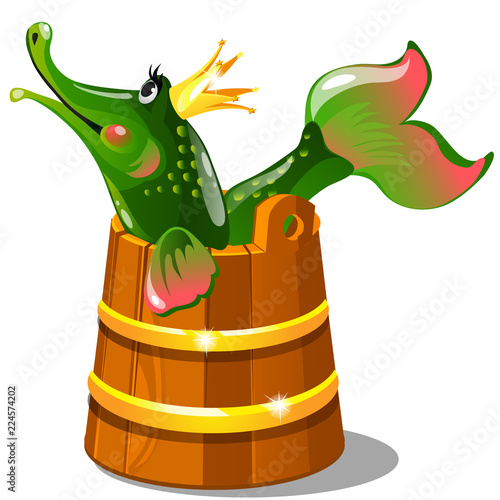 Green talking pike with a golden crown in a wooden bucket isolated on white background. The characters of Russian folk tales, upon pikes will. Vector cartoon close-up illustration.