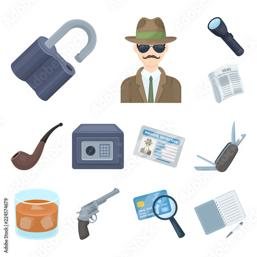 Detective and Attributes cartoon icons in set collection for design.Detective Agency vector symbol stock web illustration.