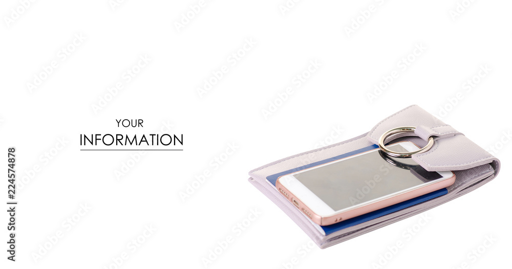 Female bag for documents and mobile phone passport pattern on white background isolation Female bag for documents and mobile phone passport pattern on white background isolation