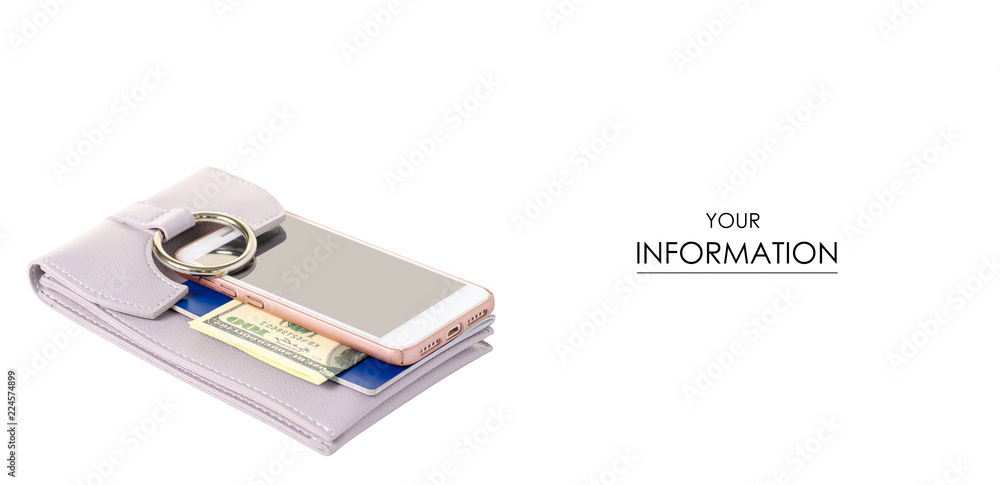 Female bag for documents and mobile phone money passport pattern on white background isolation Female bag for documents and mobile phone money passport pattern on white background isolation