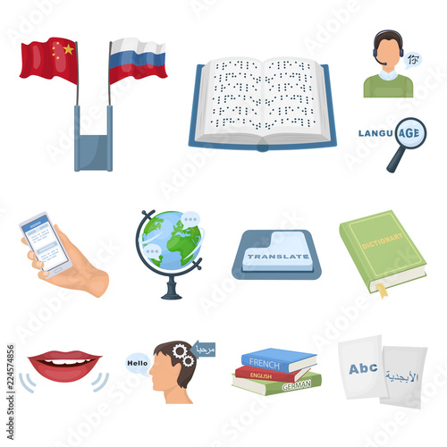 Translator and linguist cartoon icons in set collection for design. Interpreter vector symbol stock web illustration.
