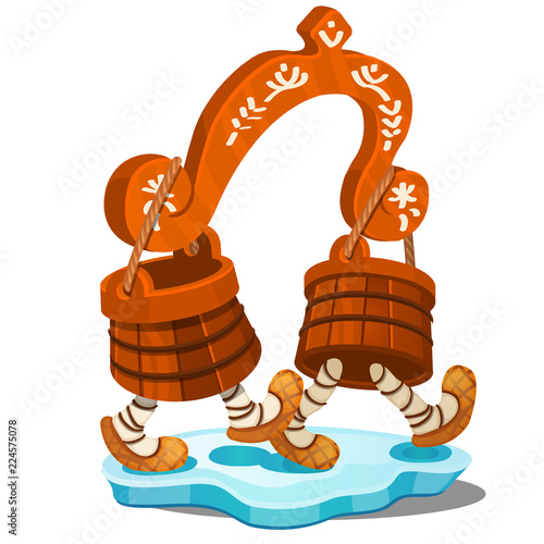 Fabulous wooden yoke with buckets isolated on white background. The characters of Russian folk tales. Vector cartoon close-up illustration.