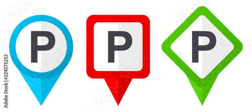 Parking red, blue and green vector pointers icons. Set of colorful location markers isolated on white background easy to edit.