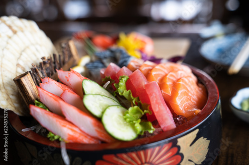Close up Mixed sashimi, big sashimi plate,Sashimi salmon set, raw fish, japanese food in Asian restuarant .(Selective focus). Vivid color