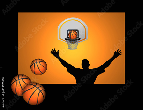 Canasta, baloncesto, encestar, pelota, jugador, encestando, fondo iluminado naranja sobre fondo negro para escribir texto. photo