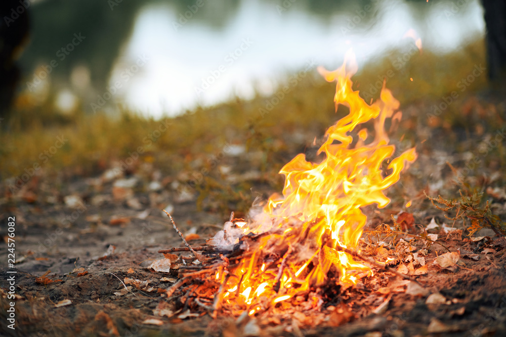 fire on the river Bank, autumn forest at sunset, beautiful nature and reflection of trees in the water, without people fire on the river Bank, autumn forest at sunset, beautiful nature and reflection of trees in the water, without people