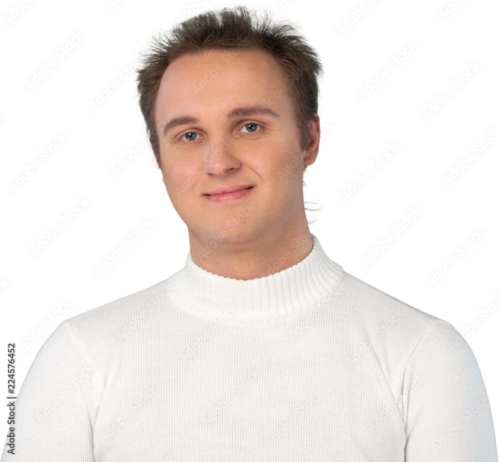 Fototapeta premium Portrait of young businessman in white sweater with hairstyle