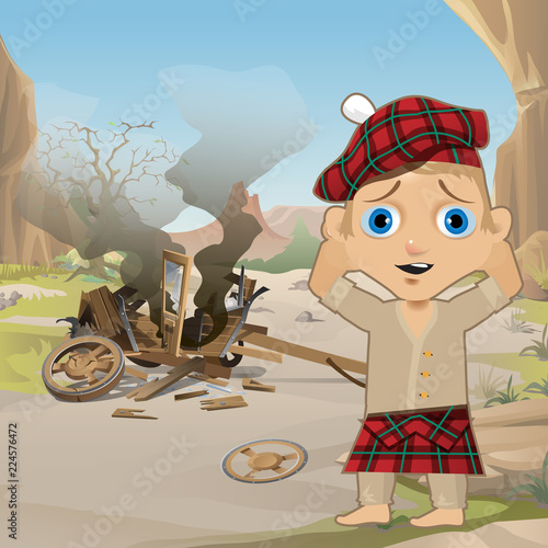 Cute Poster in Wild West Style. Young Man in Traditional Scottish Red Tartan Bonnet, Tam o' Shanter, stands, holding his head, next to the collapsed wooden cart. Western style. Vector cartoon close-up