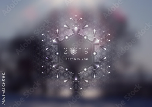 Vector festive template of banner, poster or greeting card for web or print; Spiritual sacred geometry; Frost on the window glass; Snowflake and winter landscape.
