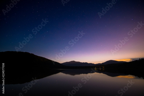 Stunning reflection starts and the mountain on the lake after sunset.
