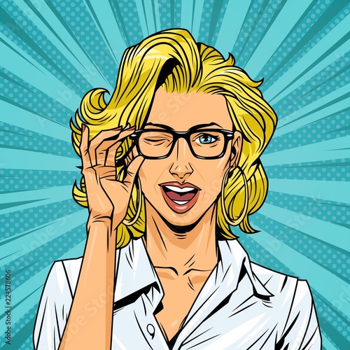 Comic winking pretty blonde girl