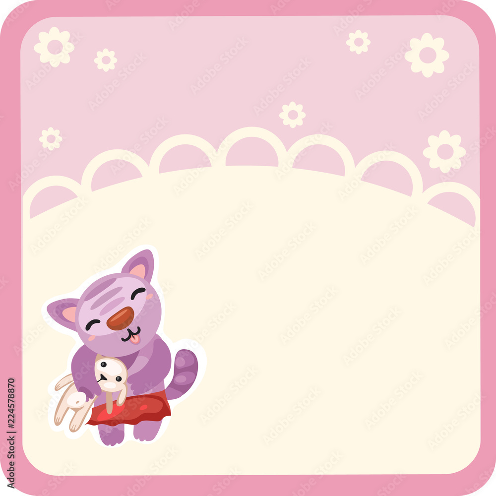 Openwork frame with space for your text with cute kitty holds the toy rabbit isolated on white background. Vector cartoon close-up illustration. Openwork frame with space for your text with cute kitty holds the toy rabbit isolated on white background. Vector cartoon close-up illustration.