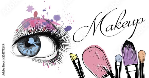 Vector hand drawn illustration of colorful women eye and makeup brushes. Concept for beauty salon, cosmetics label, cosmetology procedures, visage and makeup.