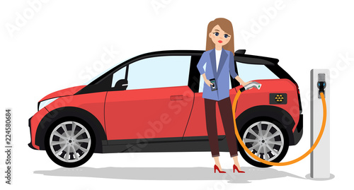 Woman charges an electric car at a charging station for electric vehicles. Isolated on white background.