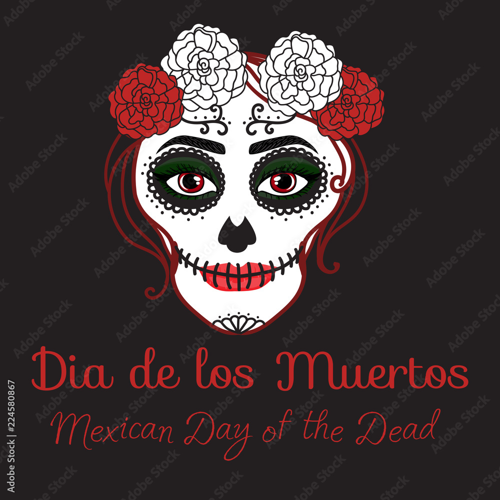 Catrina woman with make up of sugar skull. Dia de los muertos. Mexican Day of the dead. Vector illustration hand drawing