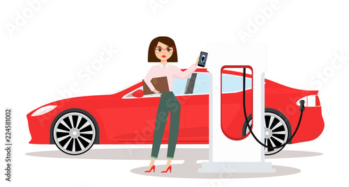 Woman charges an electric car at a charging station for electric vehicles. Isolated on white background.