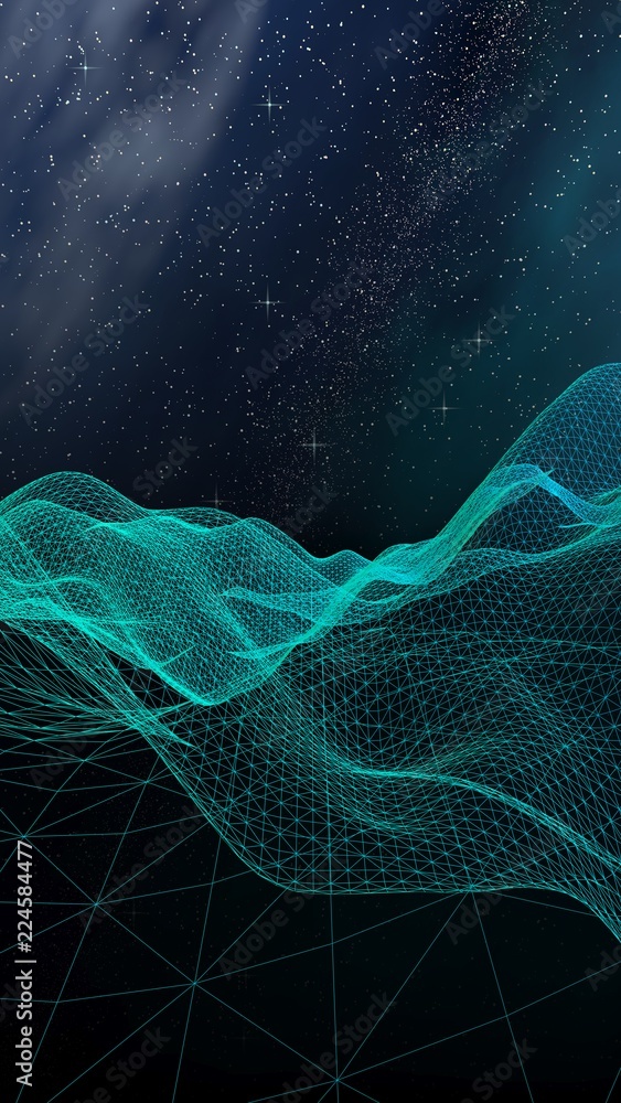 Fototapeta premium Abstract landscape on a dark background. Star horizon. Cyberspace grid. Hi-tech network. Outer space. Starry outer space texture. 3D illustration