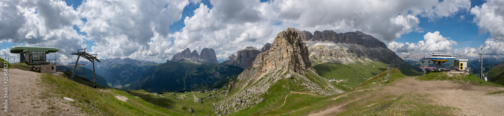 180 degree panoramic view of the Italian Dolomites from mountain Refuge Sass Becè