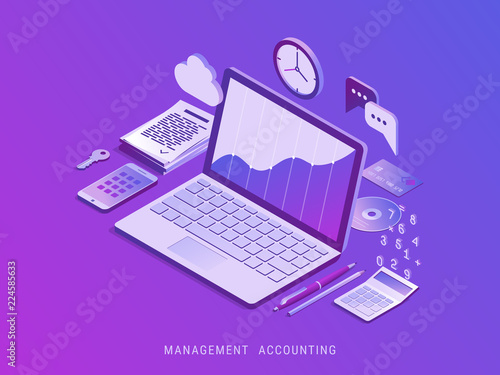 Management accounting. Workplace and tools for manager. Modern vector isometric illustration.