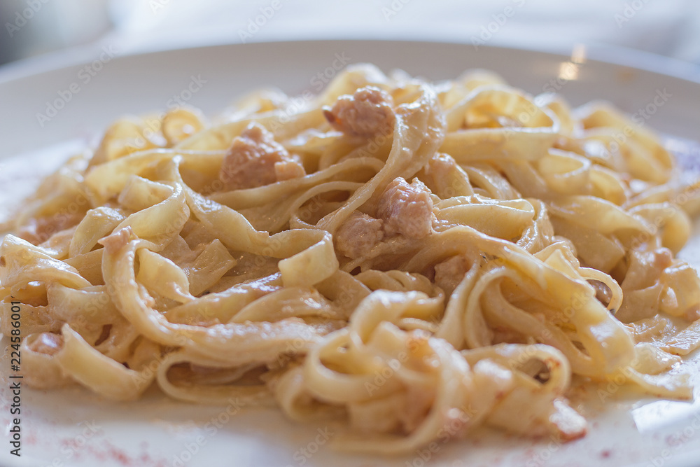 Fettuccine with cream and smoked salmon. Fettuccine with cream and smoked salmon.
