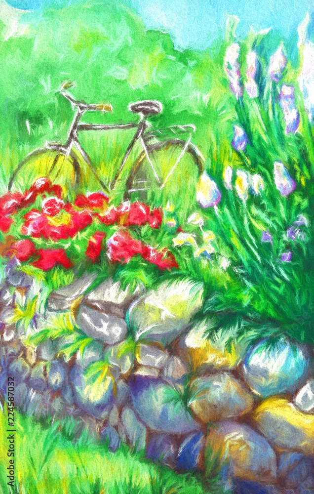 water color illustration with bicycle 