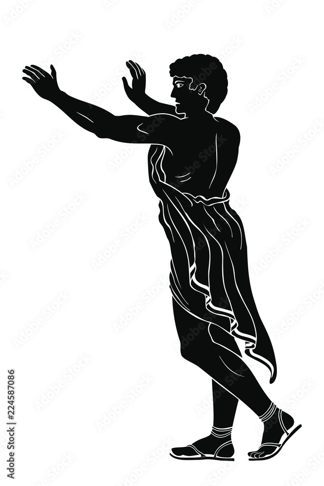 Ancient Greek man puts his arms up. Isolated figure on a white background.